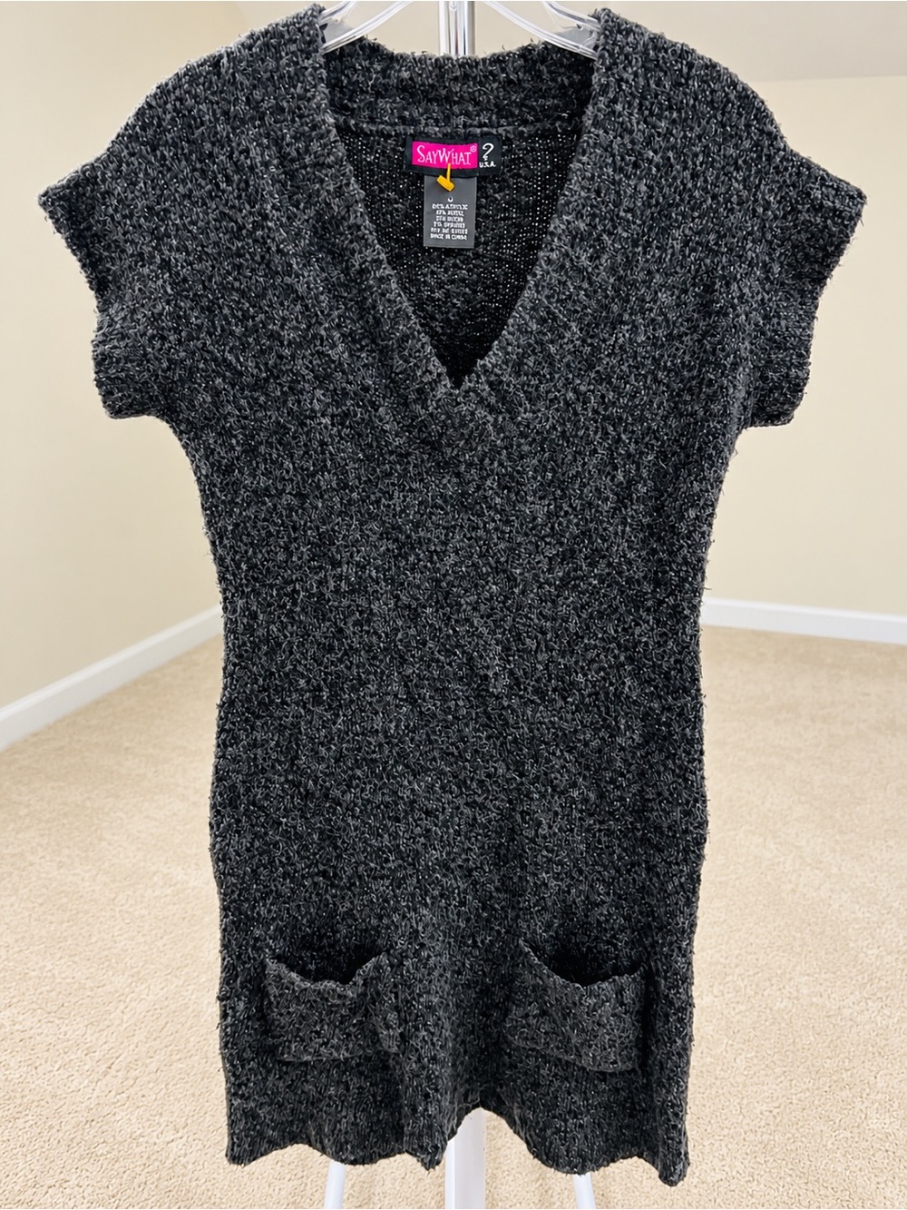 Say What? Charcoal Textured V-Neck Midi Dress with Pockets
